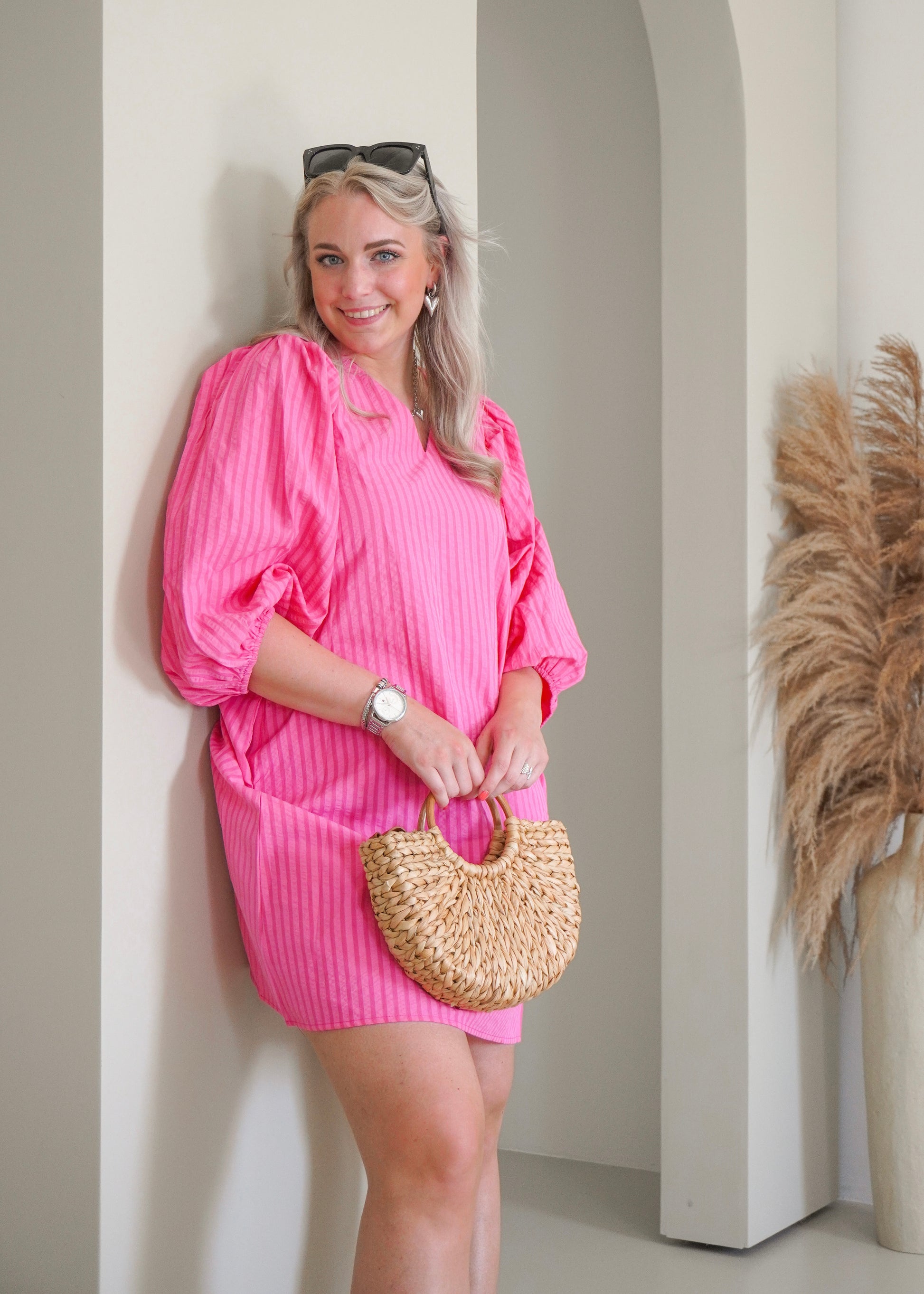 Zomerjurk met ballonmouwen roze | Azzurro jurk | Styles And More